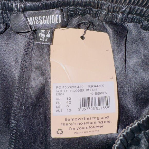 Missguided NWT Faux Leather Jogger Pants Black High Waist Pull On Elastic Cuff 8 - Picture 6 of 7